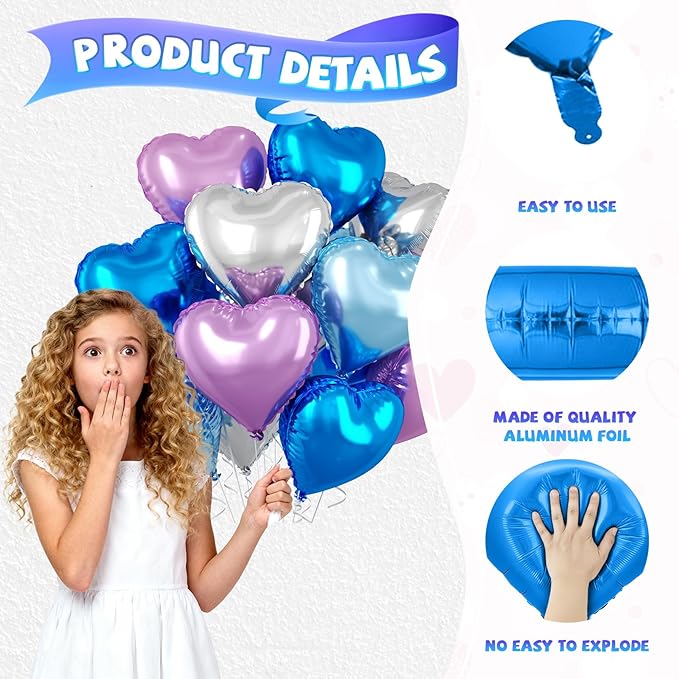 Blue Purple Silver Heart Balloons, 10 Pcs 18 Inch Metallic Purple Blue Heart Shape Foil Balloon for Kids Girls Ice Princess Wonderland Frozen Birthday Wedding Valentines Baby Shower Party Decorations