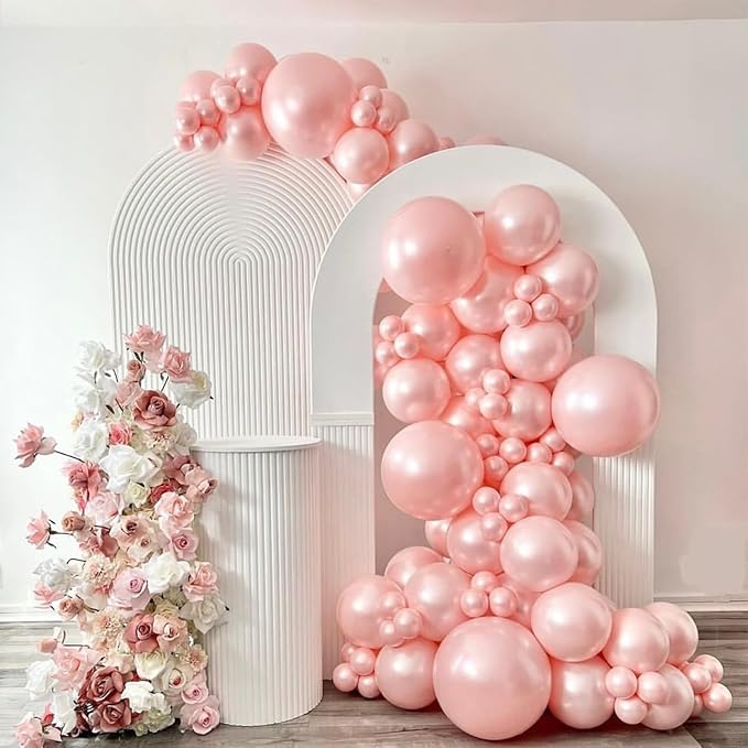 Pearl Pink Balloons With Pearl Stickers, 98PCS Pearl Peach Double Stuffed Balloons Garland Arch Kit, 18/12/10/5 inch Different Size Balloons for Wedding Bridal Baby Shower Engagement Decorations
