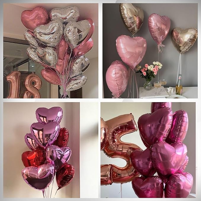 Hot Pink Heart Balloons, Heart Shaped Ballons, 20 Pcs 5/10/18 inch Pink Foil Love Balloons for Valentine's Day Decorations Wedding Engagement Bridal Showers Anniversary Celebrations