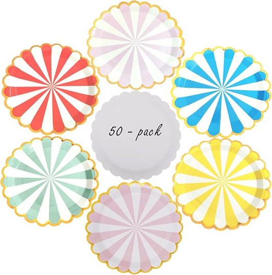 party paper plates,9 inch,scalloped disposable Paper Plates,compostable biodegradable utensils 50 - pack Gold Trimmed Striped Holiday Party Rehearsal 6 colors