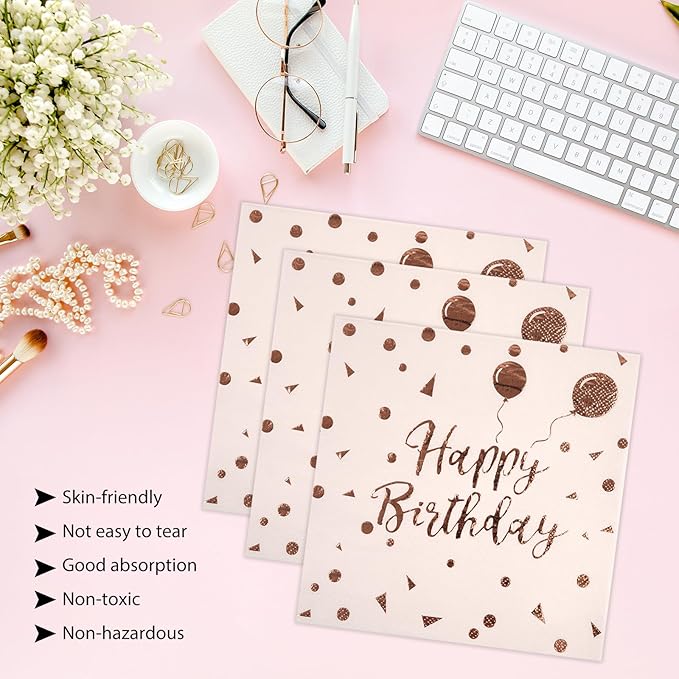 50PCS Happy Birthday Paper Plates and Napkins Set - 7 Inch Pink Rose Gold Birthday Cake Plates Scalloped Dessert Plate Disposable Tableware for Birthday's Party Supplies Decorations