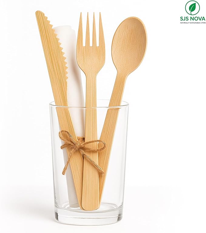 Premium Pre-Rolled Napkin and Bamboo Cutlery Set (60 Pack, 240 PCS) 100% Biodegradable, Eco-Friendly, Disposable Wrapped Cutlery - Includes Pre-Wrapped Bamboo Forks, Knives, Spoons, & Napkins