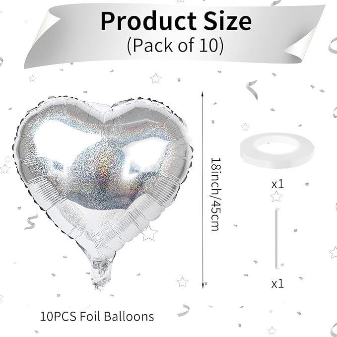 Glitter Silver Foil Heart Balloons, 10PCS Silver Heart Shape Balloons, Valentines Balloons 18inch Love Foil Balloons Helium for Valentines Day, Wedding, Brithday, Baby Shower Party Decorations