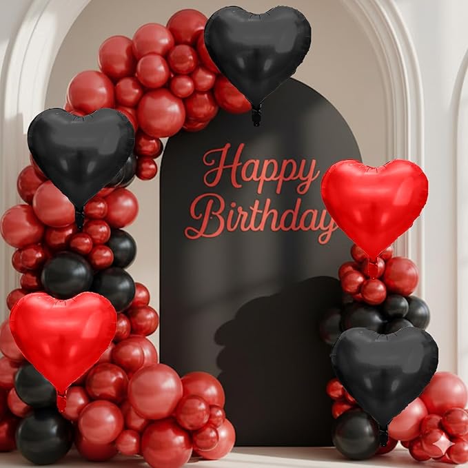 Red Black Heart Balloons, 10 Pcs Metallic Heart Shaped Balloon, 18 Inch Red and Black Foil Balloons Helium for Engagement Brithday Bridal Baby Shower Wedding Engagement Valentines Party Decorations