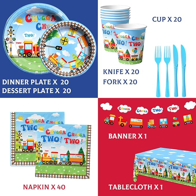 Chuagaa Chugga Two Two 142PCS Birthday Decoration Train Paper Plates Tableware Set - Transportation Table Cloth Banner Cups for 2nd Birthday Train Party Supplies