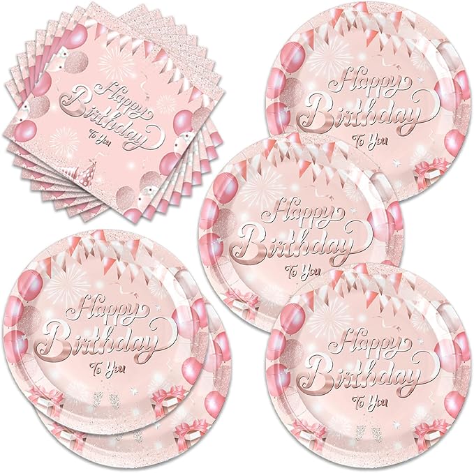 40Pcs Rose Gold Birthday Party Decorations Plates and Napkins Pink Happy Birthday Tableware Set for Girls Women Serve 20 Guests