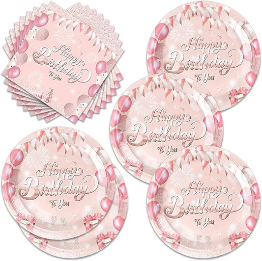40Pcs Rose Gold Birthday Party Decorations Plates and Napkins Pink Happy Birthday Tableware Set for Girls Women Serve 20 Guests