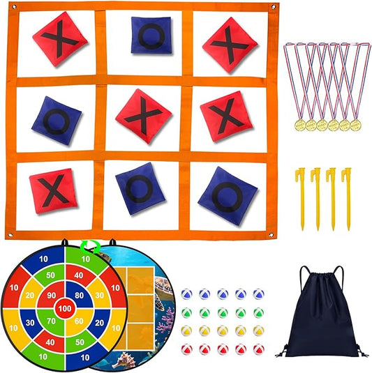 2-in-1 Outdoor Giant Tic Tac Toe Bean Bag Toss Games with Dart Board, 26" Dart Board with Sticky Balls Double-Sided Tic Tac Toe for Kids Adults Large Lawn Carnival Yard Birthday Family Party Games