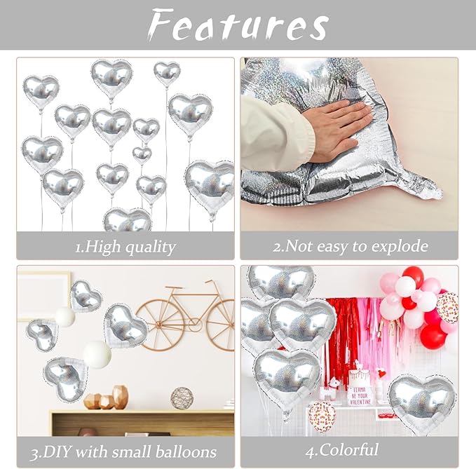 Glitter Silver Foil Heart Balloons, 10PCS Silver Heart Shape Balloons, Valentines Balloons 18inch Love Foil Balloons Helium for Valentines Day, Wedding, Brithday, Baby Shower Party Decorations