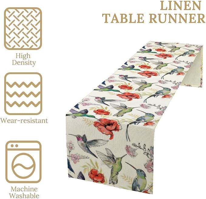 Summer Tropical Hummingbird Floral Table Runner,Spring Birds Table Runner Burlap Table Decoration for Seasonal Home Kitchen Dining Dinner Indoor Holiday Farmhouse Decor 13x120 Inch