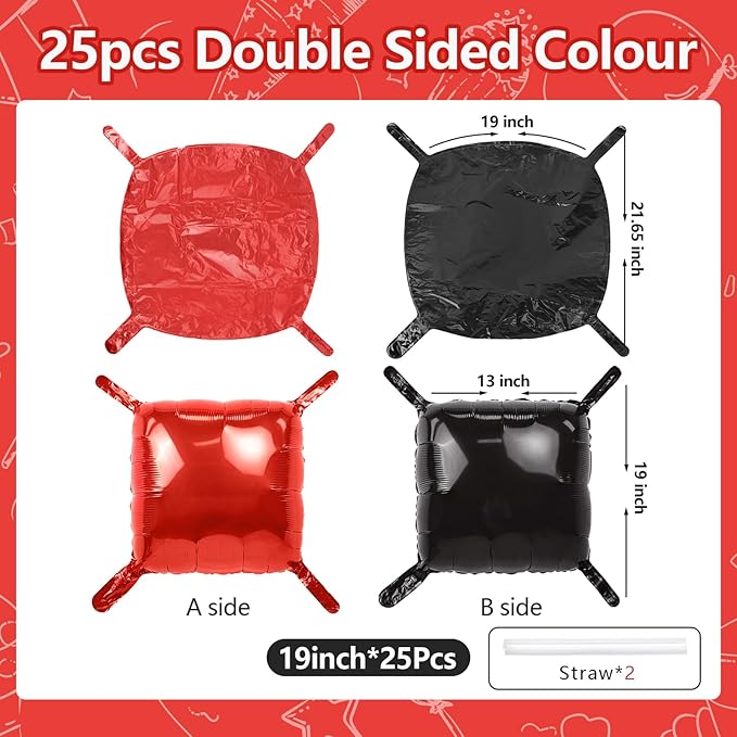 NISOCY 25PCS Red Black Square Foil Balloons Wall Backdrop Double Sided Red Black Balloons Arch Kit for Birthday Valentine's Day Halloween Graduation Wedding Anniversary Party Decorations