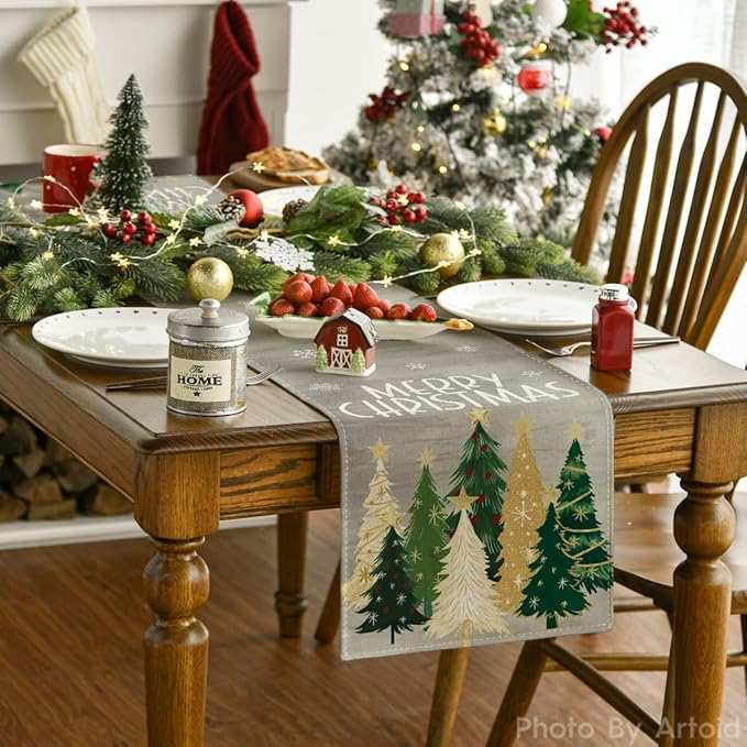 Artoid Mode Xmas Trees Snowflakes Gray Merry Christmas Table Runner, Winter Seasonal Kitchen Dining Table Decoration for Home Party Decor 13x72 Inch