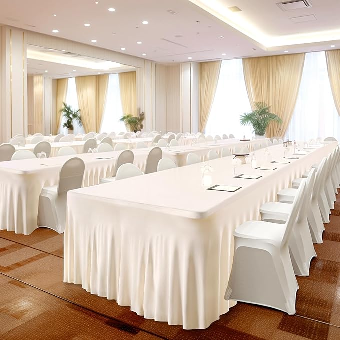 1 Pack Ivory Table Clothes for 4 Foot Rectangle Tables, One-Piece Wrinkle Resistant Stretch Spandex Table Covers with Skirt for Event Banquet Wedding Birthday Party