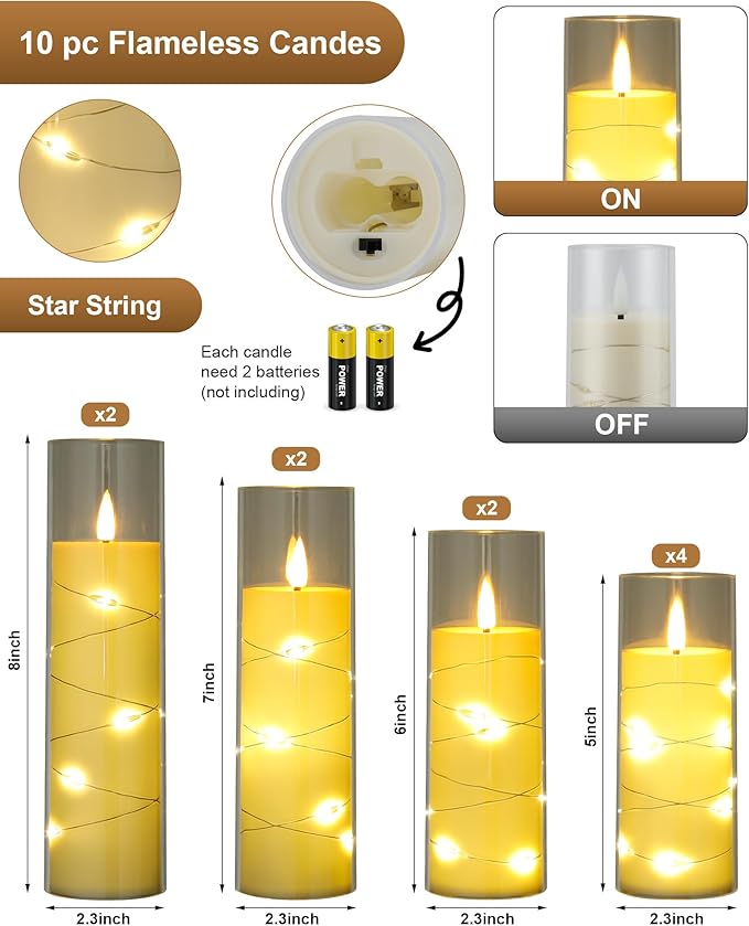 Enido 10 Pc Flameless LED Candles with Remote & Timer, Flickering with Embedded Star String for Cozy Home Decor Holiday Romantic Battery Operated Acrylic Pillar Set (Clear)