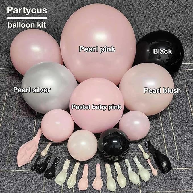 Pearl Pink Black Balloon Arch Kit, Double Stuffed Pastel Baby Pink Blush Silver Balloon Garland for Baby Shower Birthday Christmas Winter Bridal Wedding Party Decoration