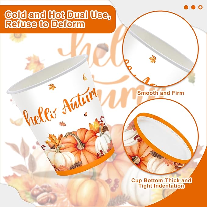 123PCS Autumn Party Supplies for Thanksgiving Themed Fall Pumpkin Decoration Tableware Set with Tablecloth and Banner Leaves Harvest Dessert Plates Napkins Cups Set for 20 Guests