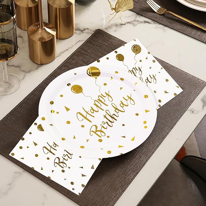 9Inch Birthday Plates and Napkins, White and Gold Balloons Dessert plates Disposable Party Supplies 40PCS Cake Paper Plates Tableware for Birthday Party Decorations