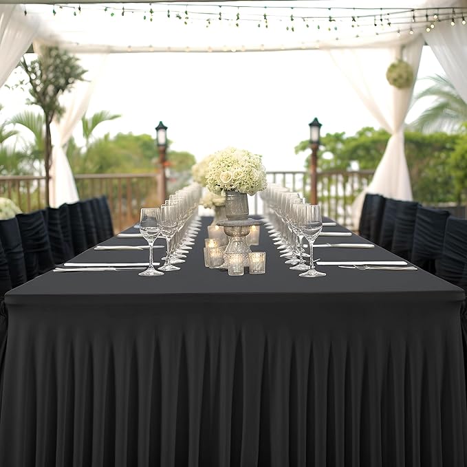 1 Pack Black Table Clothes for 6 Foot Rectangle Tables, One-Piece Wrinkle Resistant Stretch Spandex Table Covers with Skirt for Event Banquet Wedding Birthday Party