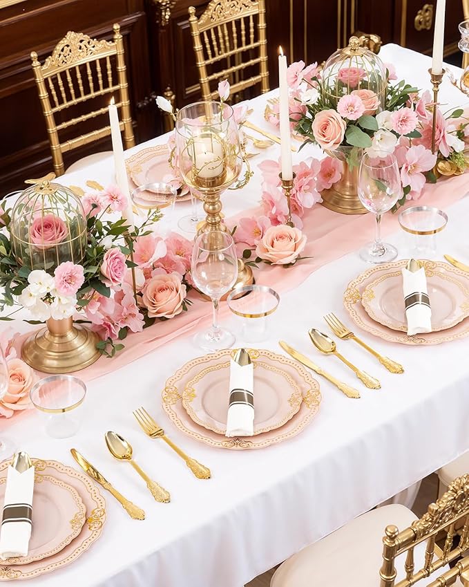 Ciaell 350 PCS Pink Plastic Plates - Pink and Gold Disposable Plates Include 50 Disposable Plate, 150 Heavy Duty Silverware, 50 Cups, 50 Napkins for Wedding & Party & Anniversary
