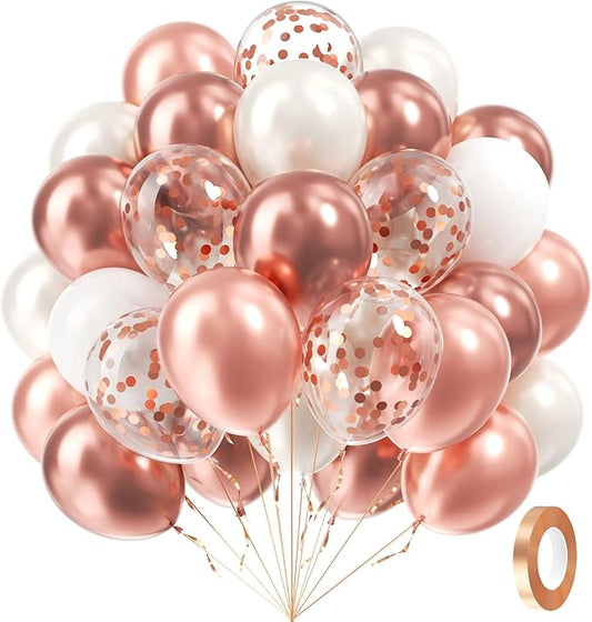 60pcs Rose Gold Balloons 12inch with Pearl White Rose Gold Confetti Balloons for Engagement Bridal Shower Wedding Birthday Party Decorations