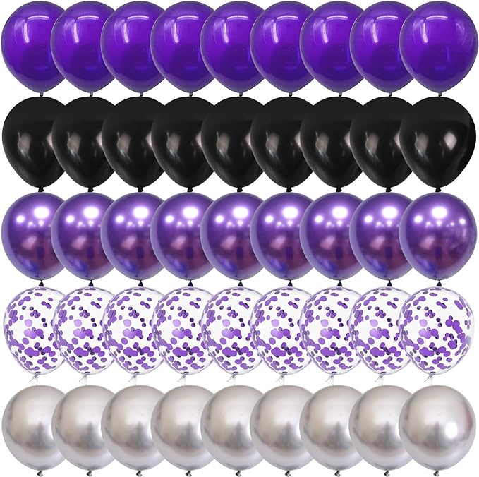 Purple and Black Balloons, 60 Packs 12 Inch Dark Purple Light Purple Black Balloons with Metallic Silver Confetti Latex Balloons for Halloween, Girls Women Birthday Wedding Party Decorations