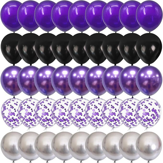 Purple and Black Balloons, 60 Packs 12 Inch Dark Purple Light Purple Black Balloons with Metallic Silver Confetti Latex Balloons for Halloween, Girls Women Birthday Wedding Party Decorations