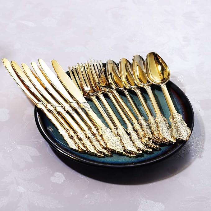 Nervure 200PCS Gold Plastic Silverware Set- Disposable Flatware - Disposable Gold Plastic Cutlery for Party- Includes 50 Forks,50 Spoons,50 Knives,50 Napkins,50 Butterfly Clasp