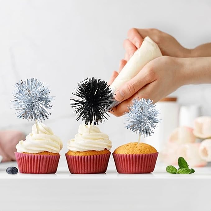 Gyufise 30Pcs Foil Firework Cupcake Toppers Sparkle Tinsel Cake Toppers Tinsel Drink Cake Decoration Cocktail Picks for Birthday Wedding Graduation Party Supplies Black Silver