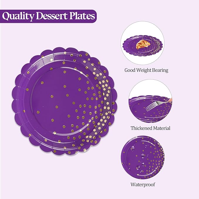 50PCS Purple Paper Plates and Napkins Set - Purple and Gold Dot Party Plates Disposable Party Tableware Dinnerware Set Party's Supplies Decorations for Birthdays, Baby Shower, Weddings and Holidays