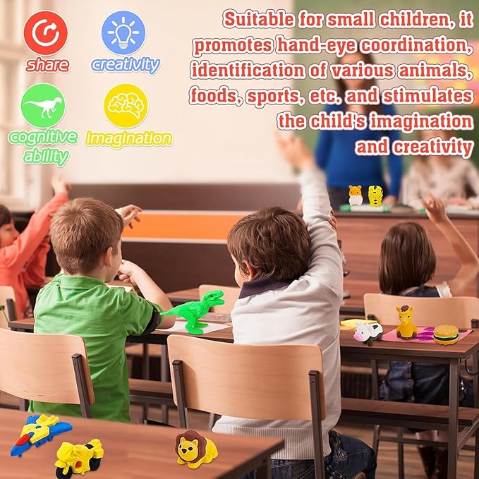 130Pcs Animal Erasers Kids Desk Pets Pencil Erasers 3D Puzzle Bulk Mini Animal Food Eraser Toys Fun Cute Eraser for Classroom Rewards, Game Prizes, Treasure Box, Easter Egg Fillers