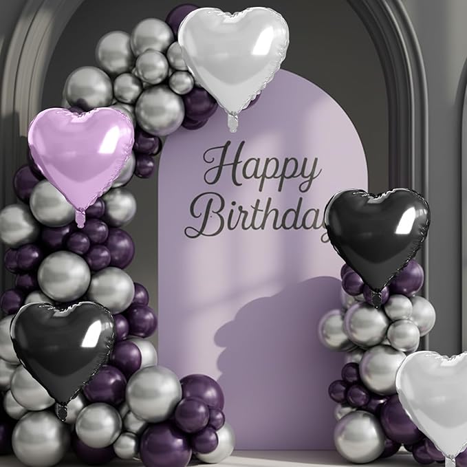 Purple and Black Heart Balloons, 10 Pcs Light Purple Silver Heart Shape Foil Balloon 18 Inch Birthday Balloons for Girls Princess Theme Birthday Wedding Valentines Baby Shower Party Decoration