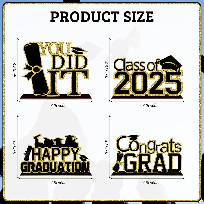 (4 Pcs) KSKSPE Graduation Decorations Party Supplies Table Centerpieces,Graduation Theme Design and Sturdy Wooden for Graduation Party Favors Decorations,Black