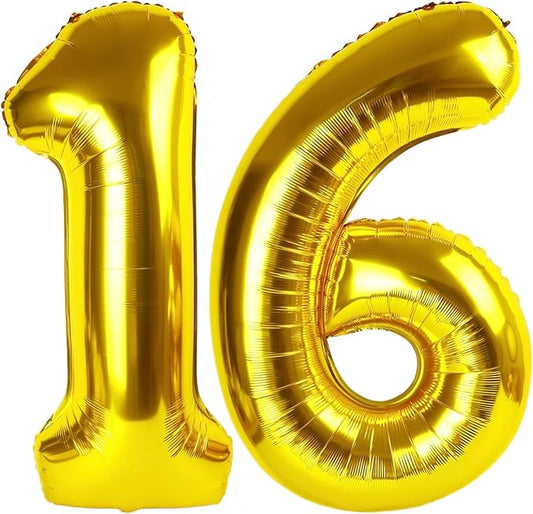 Gold Number 16 Balloon 40 Inch, 16th Birthday Party Decorations for Children, Giant 16 Foil Balloon for Party Supplies