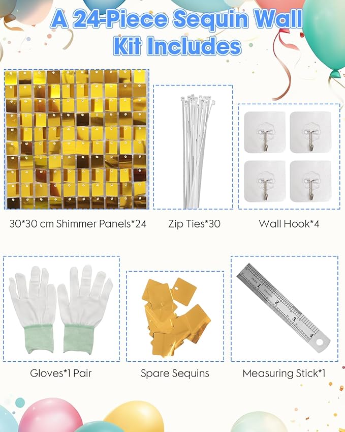 Gold Shimmer Wall Backdrop 24 Panels Cover 6 x 4 Ft, Photo Backdrops for Wedding,Anniversary,Birthday,Party Decoration