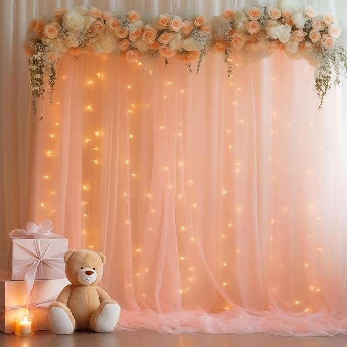 20ft x 10ft Peach Backdrop Curtain with Lights String for Parties, Sheer Tulle Wedding Photo Backdrops Drapes for Baby Shower Birthday Party Decorations Background for Photography
