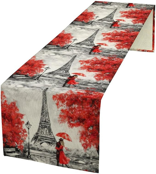Paris Eiffel Tower Table Runner, Watercolor Eiffel Tower Dinner Runner for Farmhouse Kitchen Dining Table Holiday Party Decoration 13 x 108 in
