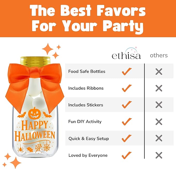 Halloween Decorations Plastic Jars – Spooky 12 Pack Candy Containers & Kid Party Favor Jars for Trick or Treat, Haunted House Parties, and Table Centerpieces Decor - Cute Potion Bottles Gift