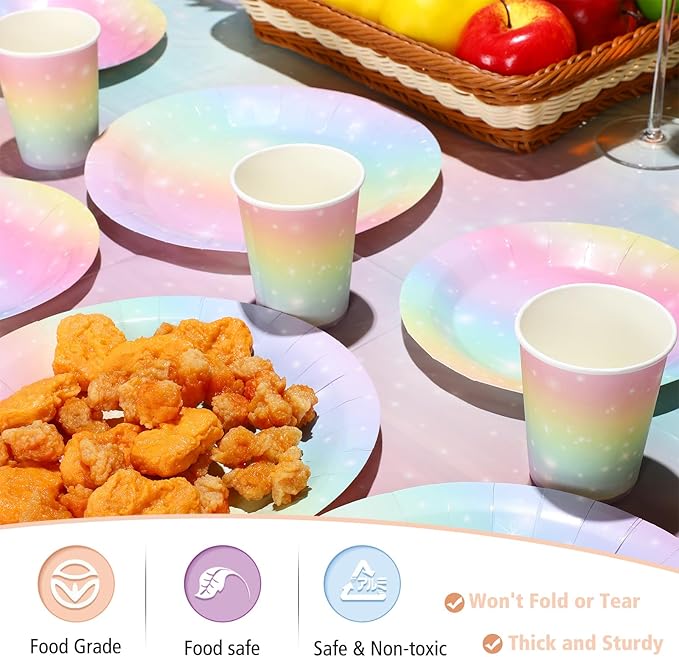 Teling 172 Pcs Rainbow Birthday Decorations, Pastel Rainbow Plates, Birthday Plates and Napkins Serves 24, Disposable Paper Tablecloth Cups Fork Happy Banner for Baby Shower Easter Party Decoration