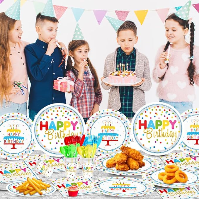 140pcs Happy Birthday Party Supplies Set with Colorful Polka Dots Design- Includes Disposable Paper Birthday Plates and Napkins, Cups,Dots Party Supplies Serves 20 Guests