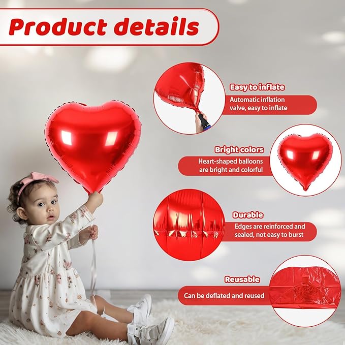 Red Heart Balloons, Heart Shaped Ballons, 20 Pcs 5/10/18 inch Red Foil Love Balloons for Valentine's Day Decorations Wedding Engagement Bridal Showers Anniversary Celebrations