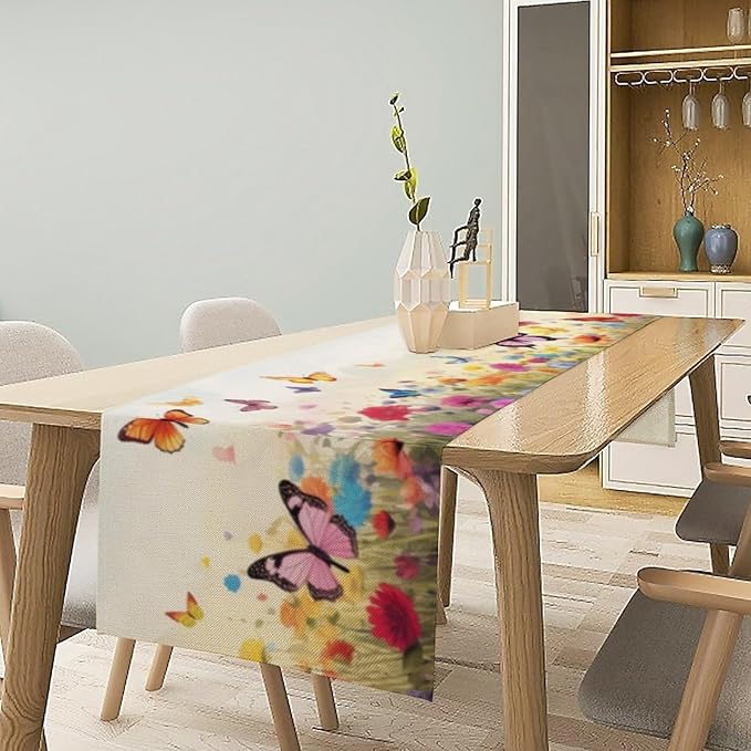 Butterfly Table Runner, Wildflowers Floral Butterfly Table Decoration Seasonal Spring Summer Home Kitchen Dining Table Indoor Outdoor Farmhouse Decor 13x120 Inch