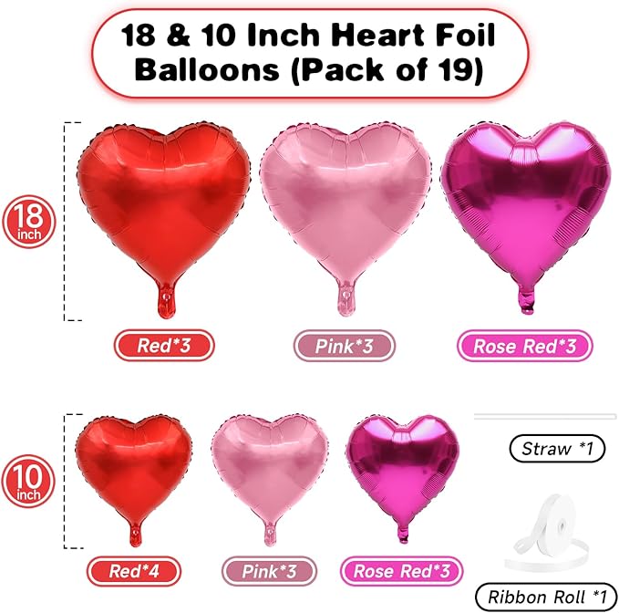 Red Pink Heart Balloons, 19PCS Light Pink Heart Shape Balloon, 18Inch with 10Inch Hot Pink and Red Helium Foil Love Heart Balloon for Birthday Bridal Shower Wedding Valentine Anniversary Decorations