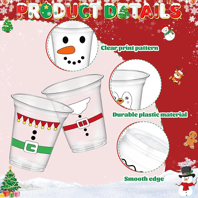 50 Pcs Christmas Plastic Cups, 12 OZ Christmas Disposable Party Drinking Cups, Santa Claus Snowman PET Cup for Xmas Winter Holiday Party Drinkware Table Decorations Supplies (5 styles)
