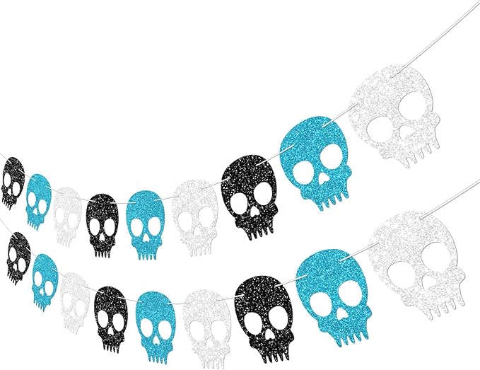2PC Black/Silver/Blue Skull Garland for Halloween Party Decorations Glitter Skull Banner for Boy/Men Gothic Birthday Decorations Supplies