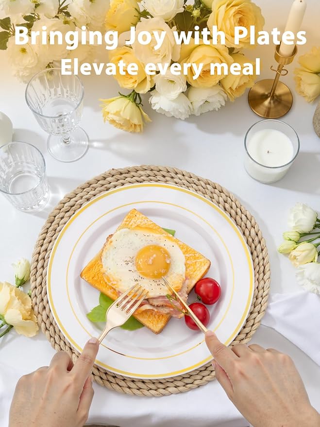 WDF 175PCS White and Gold Plastic Plates - Gold Plates Disposable - 25 Guest Thanksgiving Disposable Dinnerware Sets Include 50 Plate, 25 Cutlery, 25 Napkins and 25 Cups for Party/Thanksgiving/Wedding