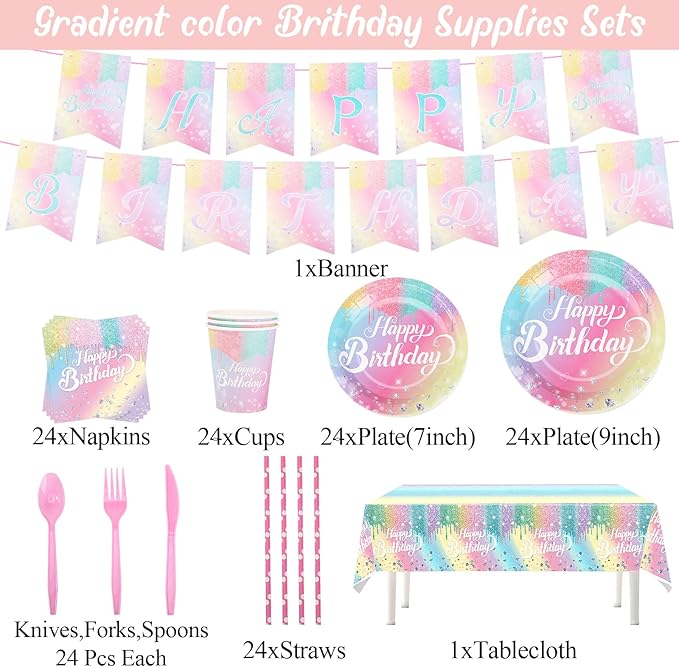 Rainbow Birthday Plates Napkins Sets Pink Birthday Party Supplies Glitter Diamond Plates,Rose Gold Disposable Birthdays Dinnerware Sets Unicorn Girls Party Plates with Tablecloth Cup Banner Serve 24