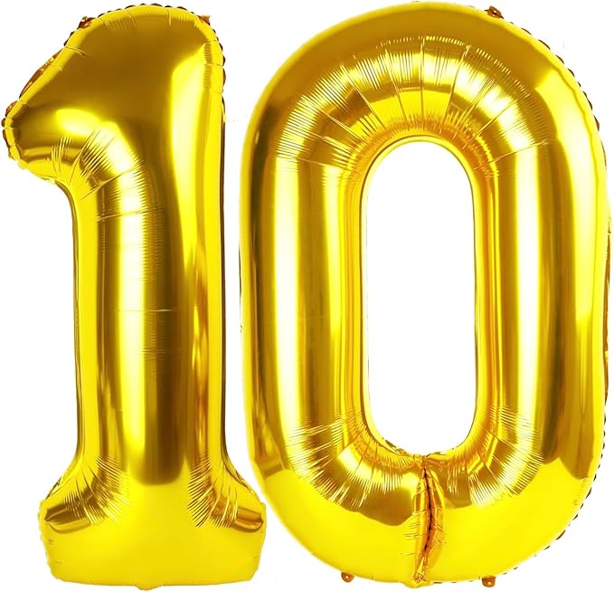 Gold Number 10 Balloon 40 Inch, 10th Birthday Party Decorations for Children, Giant 10 Foil Balloon for Party Supplies