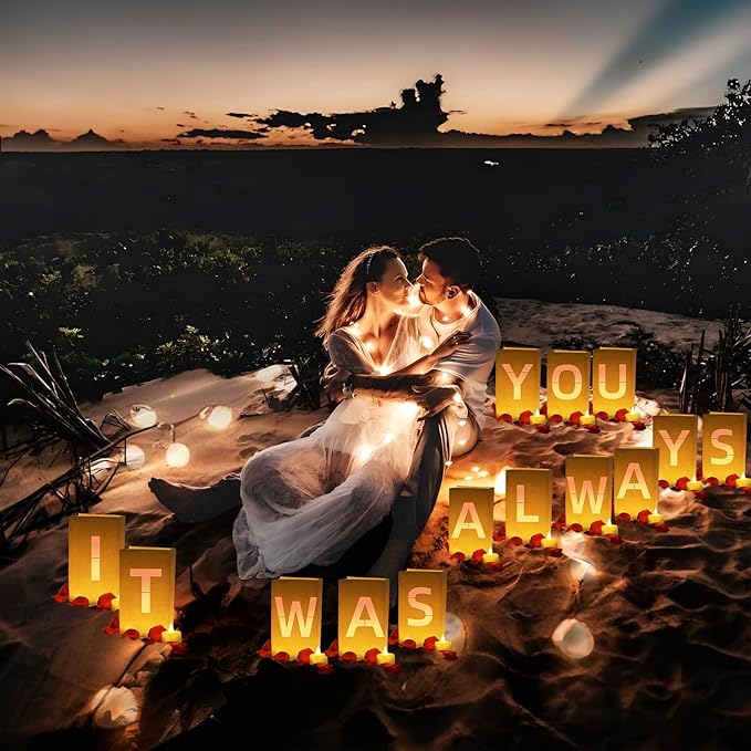 It was Always You Light Up Letters, with Tea Lights Candles, Rose Petals, Pearlescent Foil Balloons - Luminary Paper Bags, Anniversary Decorations and Proposal Decorations for Your Loved One