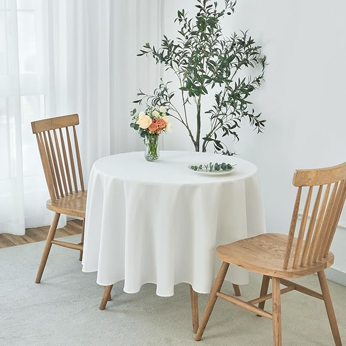 maxmill Round Weaved Texture Design Tablecloth Spill-Proof Wrinkle Free Soft Washable Table Cloth for Circular Table Cover, for Dining Room Buffet Banquet Parties Holiday Dinner, 70 Inch White