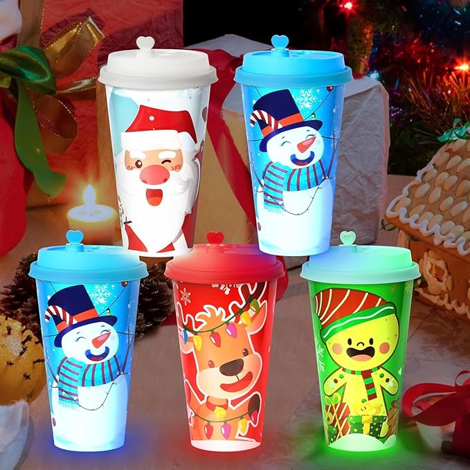 24 Sets Christmas Party Cups for Kids, 16OZ Glow Christmas Plastic Cup for Holiday Movie Night Party Favors Supplies Decorations, Holiday Decor
